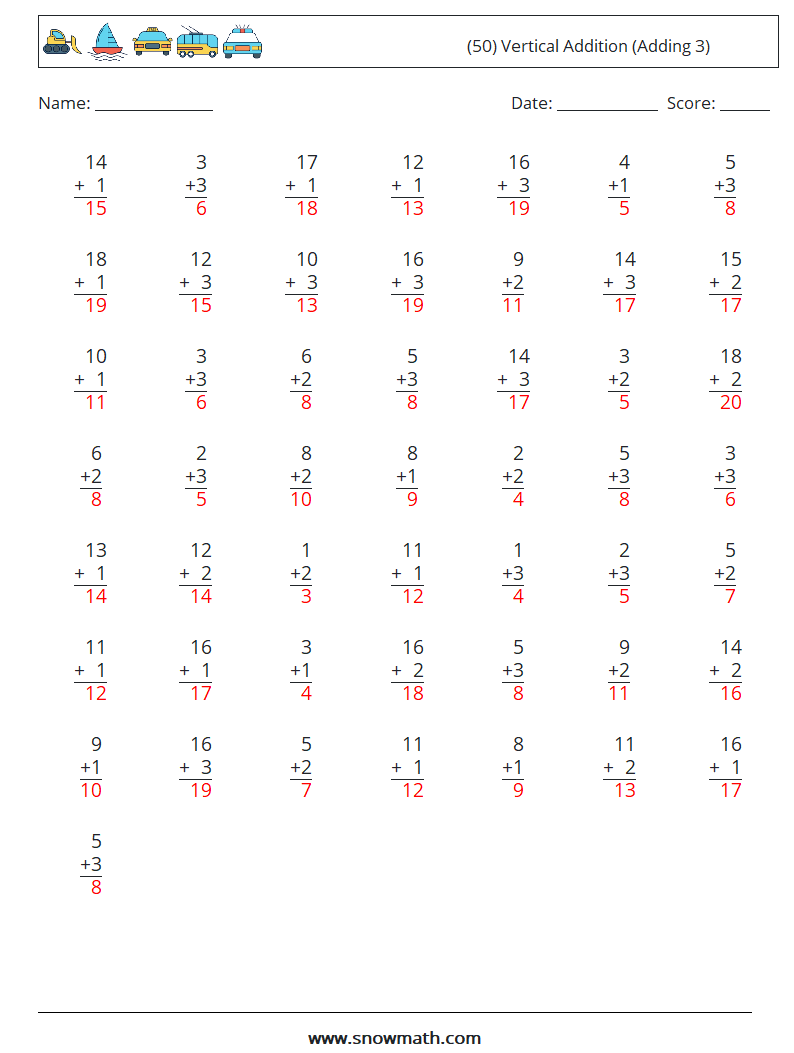 (50) Vertical  Addition (Adding 3) Maths Worksheets 3 Question, Answer