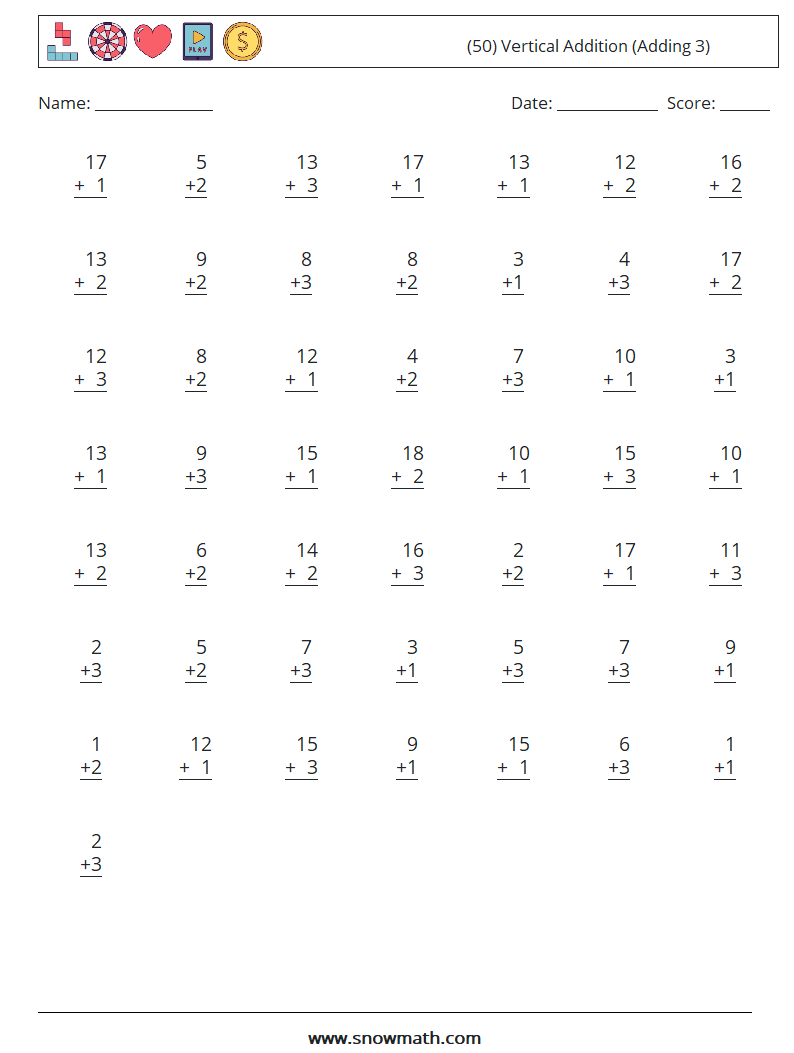 (50) Vertical  Addition (Adding 3) Maths Worksheets 4