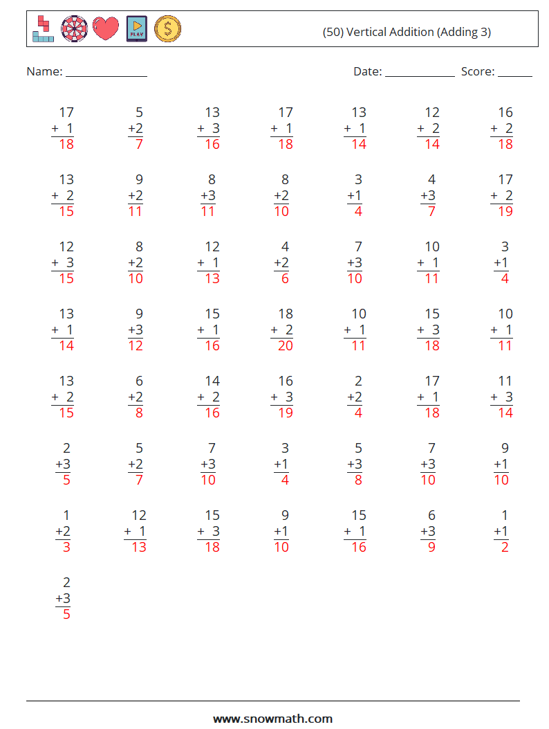 (50) Vertical  Addition (Adding 3) Maths Worksheets 4 Question, Answer