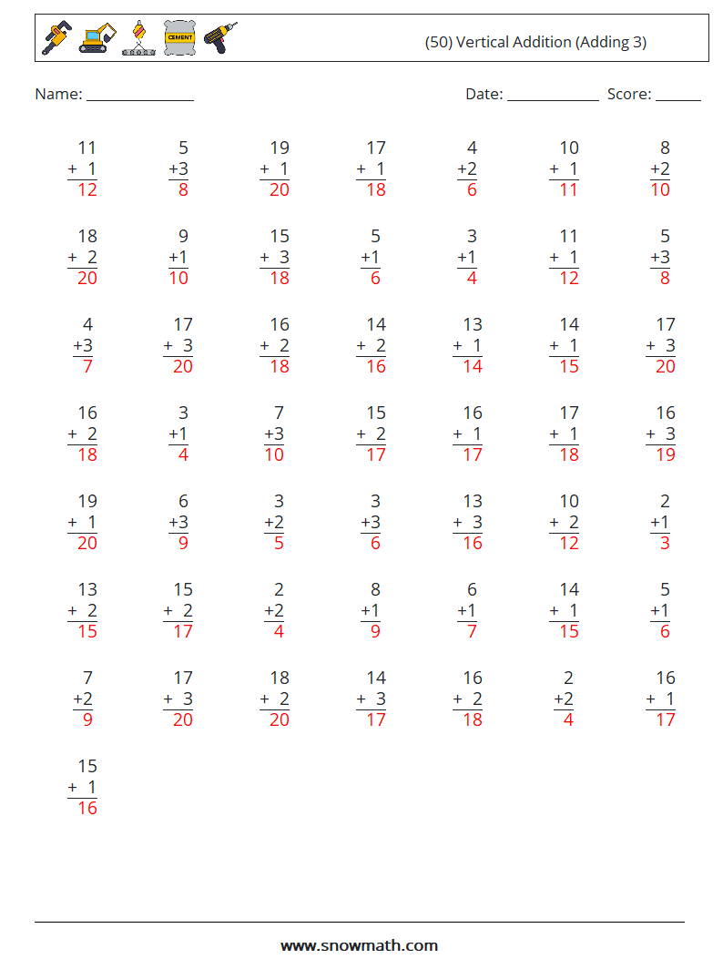 (50) Vertical  Addition (Adding 3) Maths Worksheets 5 Question, Answer