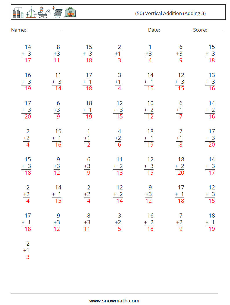 (50) Vertical  Addition (Adding 3) Maths Worksheets 6 Question, Answer