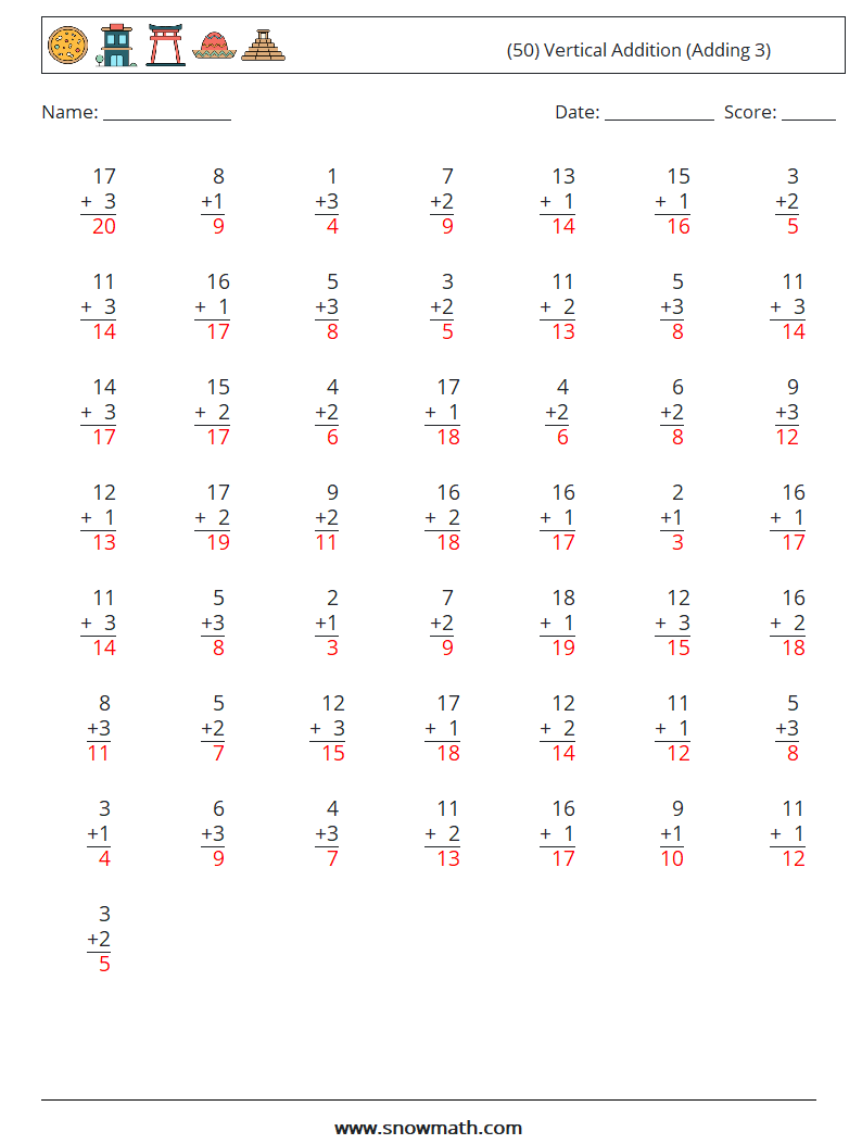 (50) Vertical  Addition (Adding 3) Maths Worksheets 7 Question, Answer