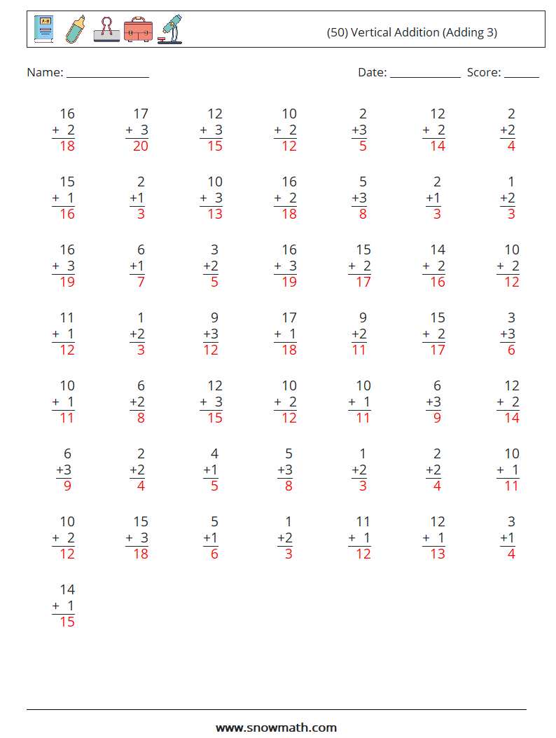 (50) Vertical  Addition (Adding 3) Maths Worksheets 8 Question, Answer