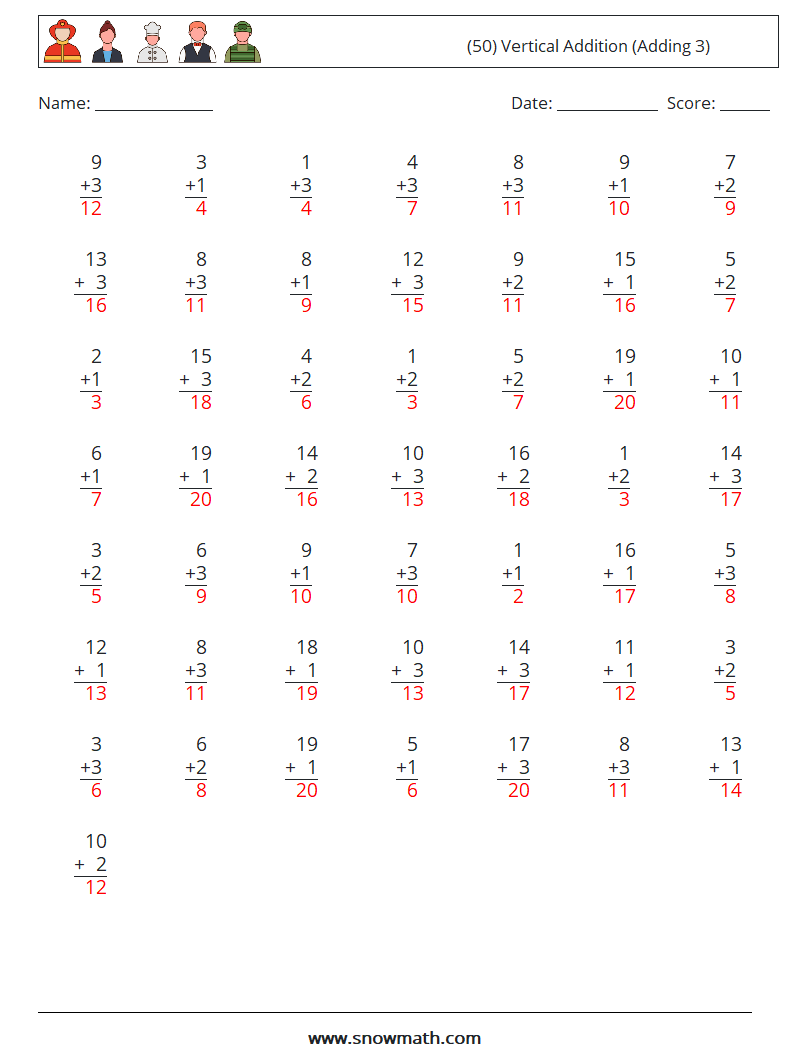 (50) Vertical  Addition (Adding 3) Maths Worksheets 9 Question, Answer