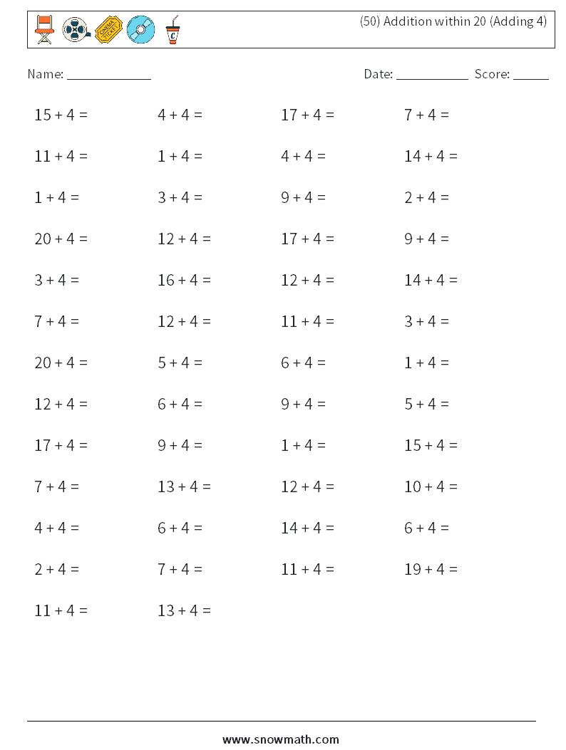 (50) Addition within 20 (Adding 4) Maths Worksheets 6
