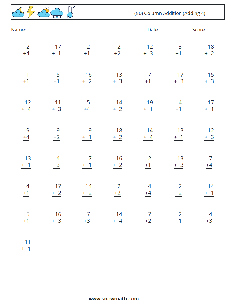 (50) Column Addition (Adding 4) Maths Worksheets 12