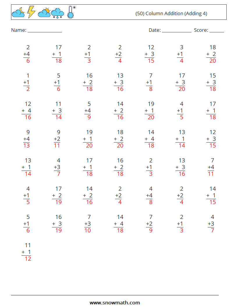 (50) Column Addition (Adding 4) Maths Worksheets 12 Question, Answer