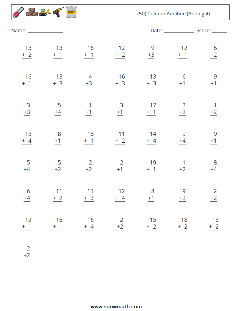 (50) Column Addition (Adding 4) Maths Worksheets 14