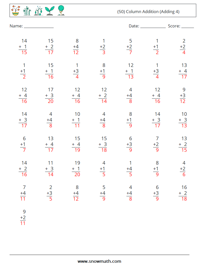 (50) Column Addition (Adding 4) Maths Worksheets 15 Question, Answer