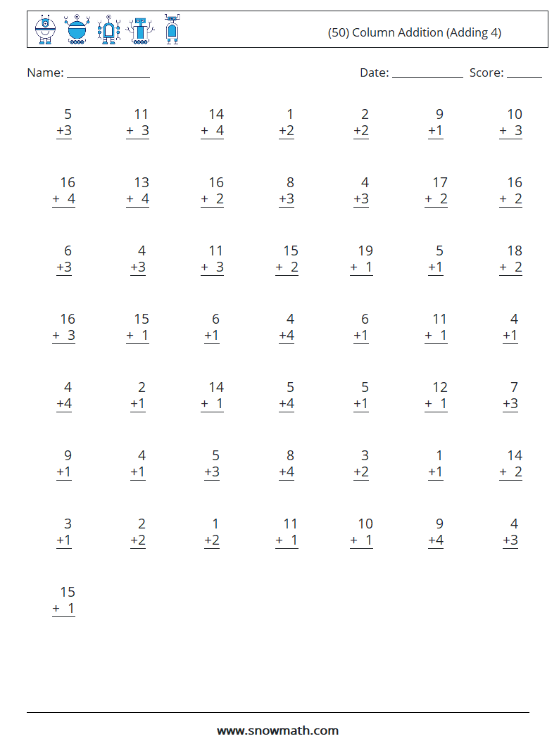 (50) Column Addition (Adding 4) Maths Worksheets 17