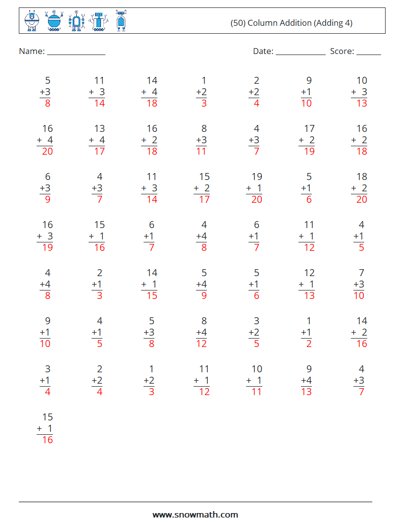 (50) Column Addition (Adding 4) Maths Worksheets 17 Question, Answer