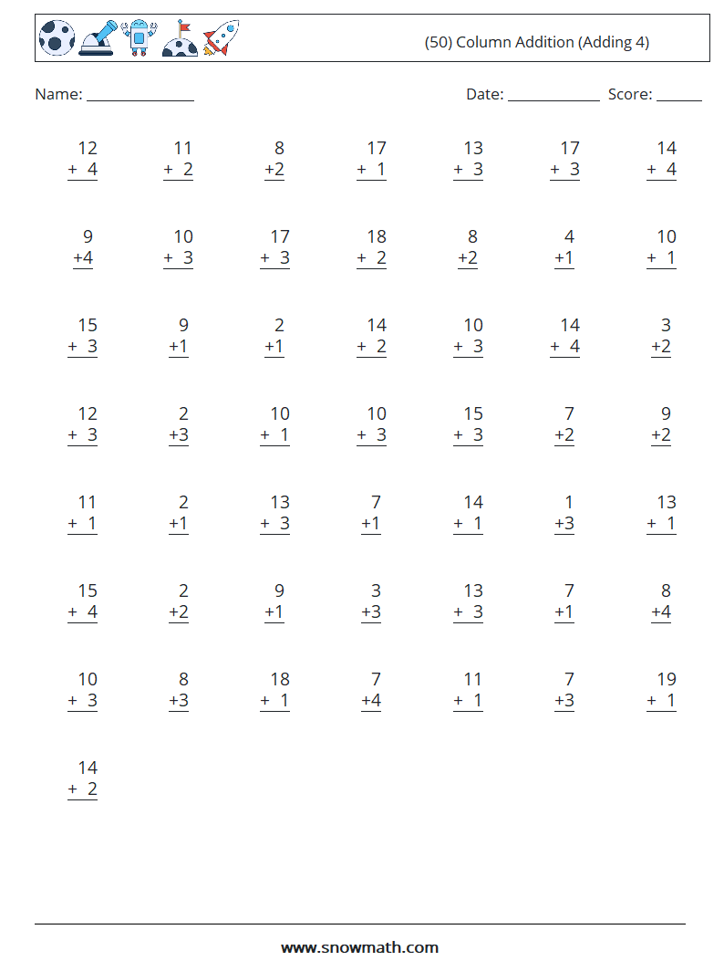 (50) Column Addition (Adding 4) Maths Worksheets 18