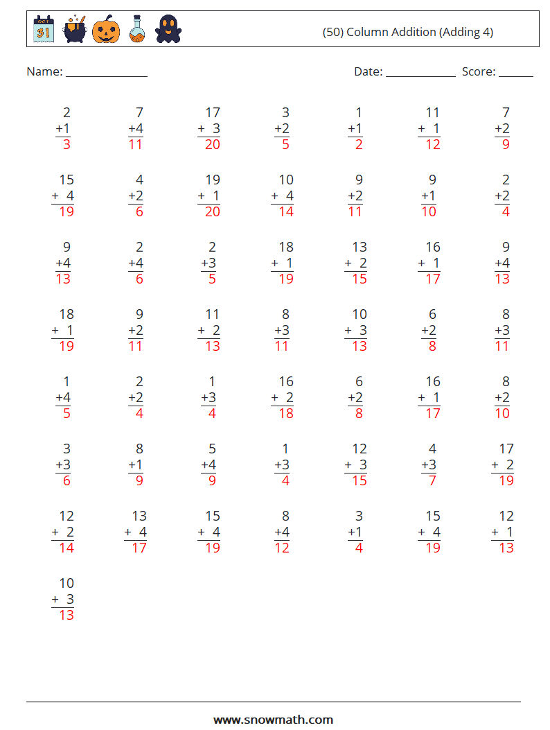 (50) Column Addition (Adding 4) Maths Worksheets 2 Question, Answer