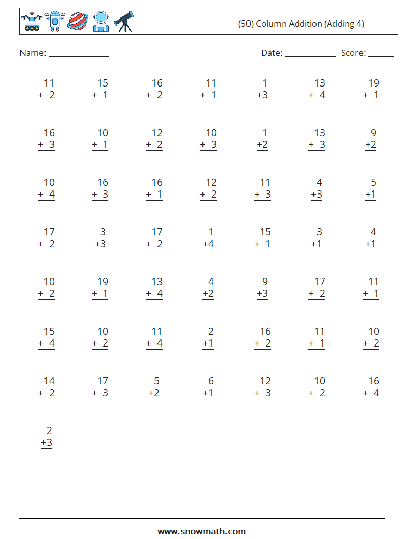 (50) Column Addition (Adding 4) Maths Worksheets 4