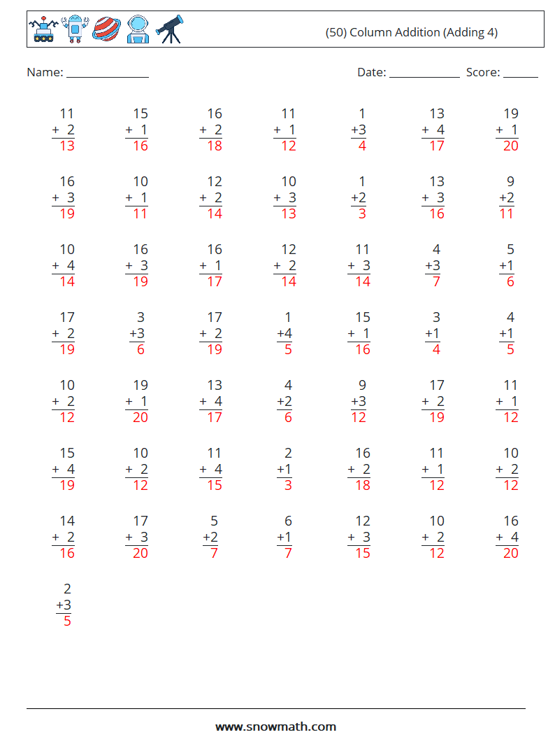 (50) Column Addition (Adding 4) Maths Worksheets 4 Question, Answer