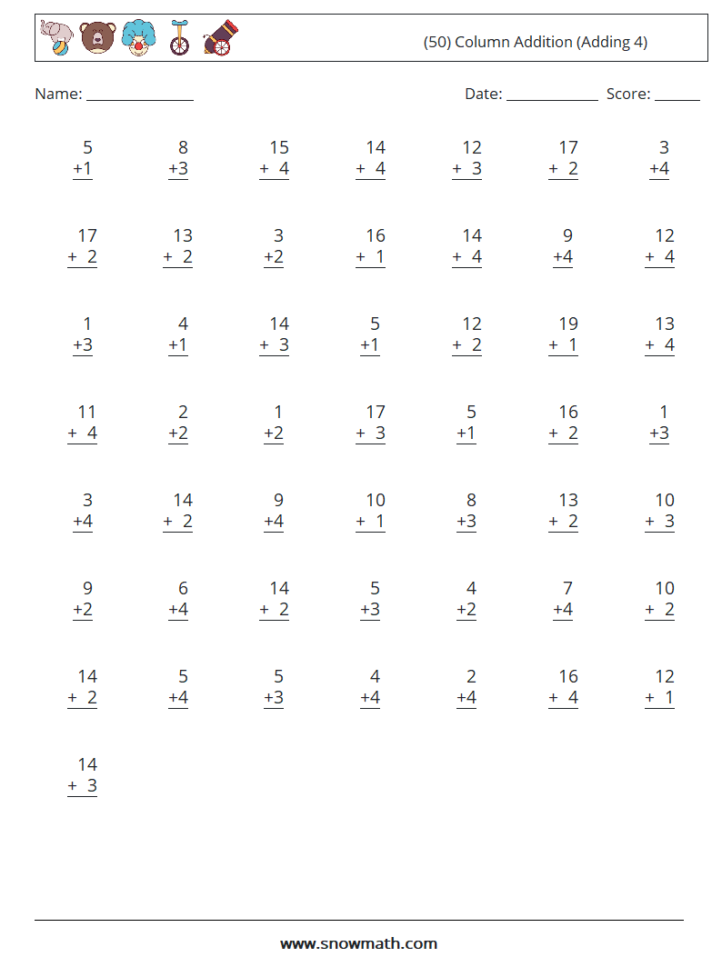 (50) Column Addition (Adding 4) Maths Worksheets 5