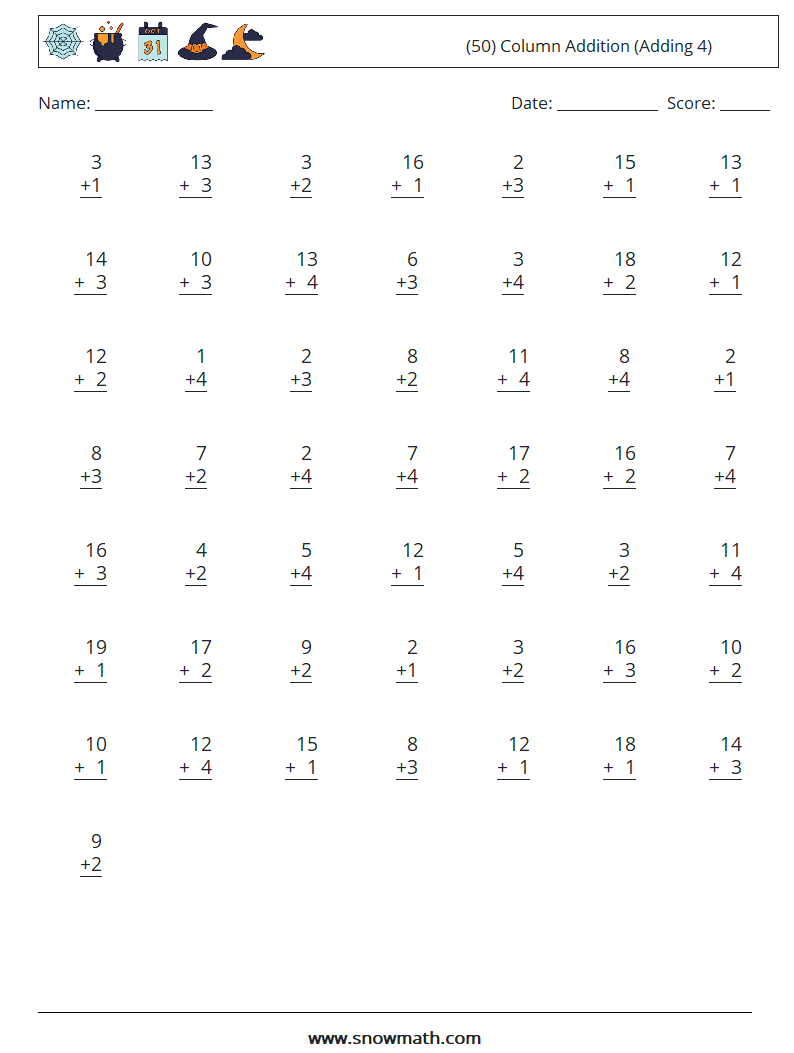 (50) Column Addition (Adding 4) Maths Worksheets 9