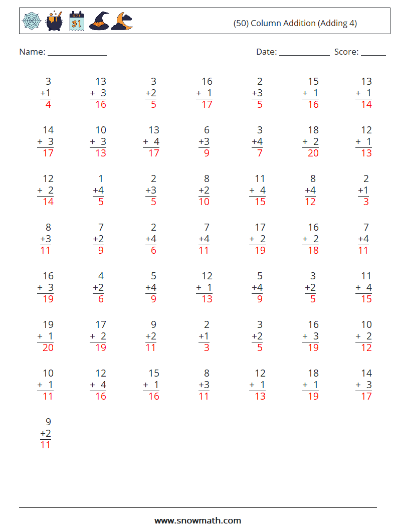 (50) Column Addition (Adding 4) Maths Worksheets 9 Question, Answer