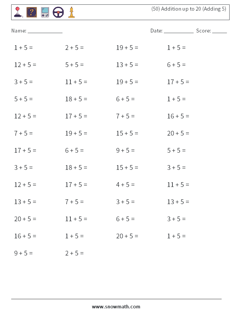 (50) Addition up to 20 (Adding 5) Maths Worksheets 3