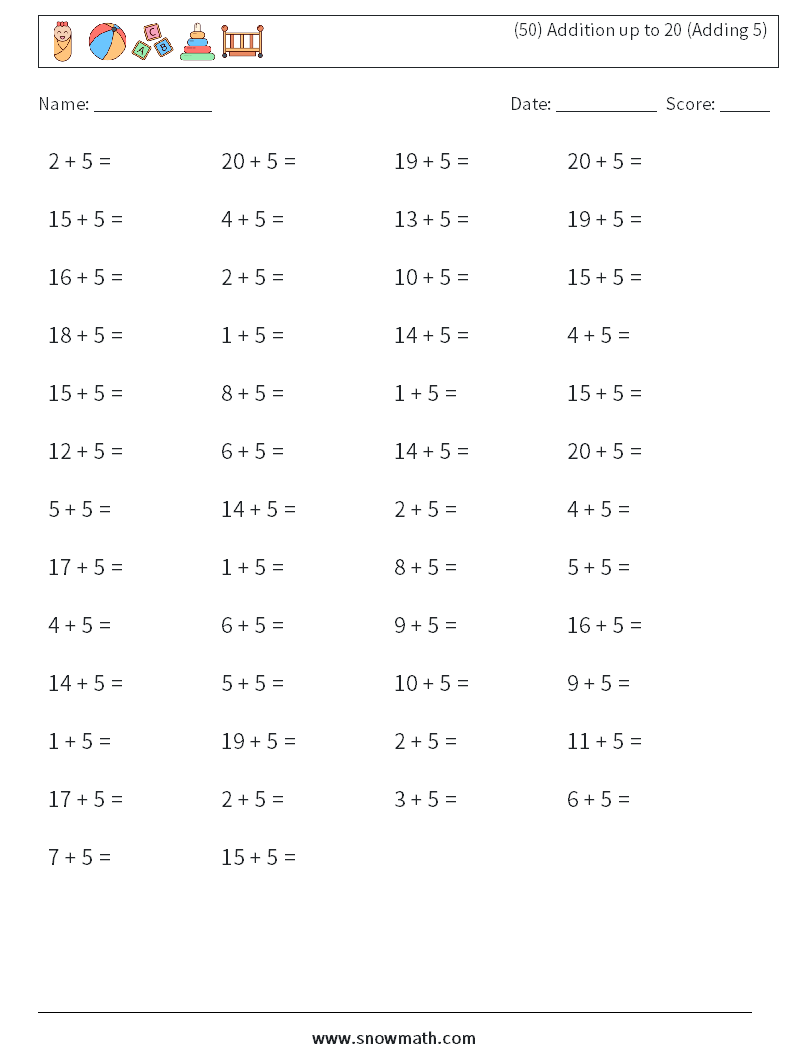 (50) Addition up to 20 (Adding 5) Maths Worksheets 5