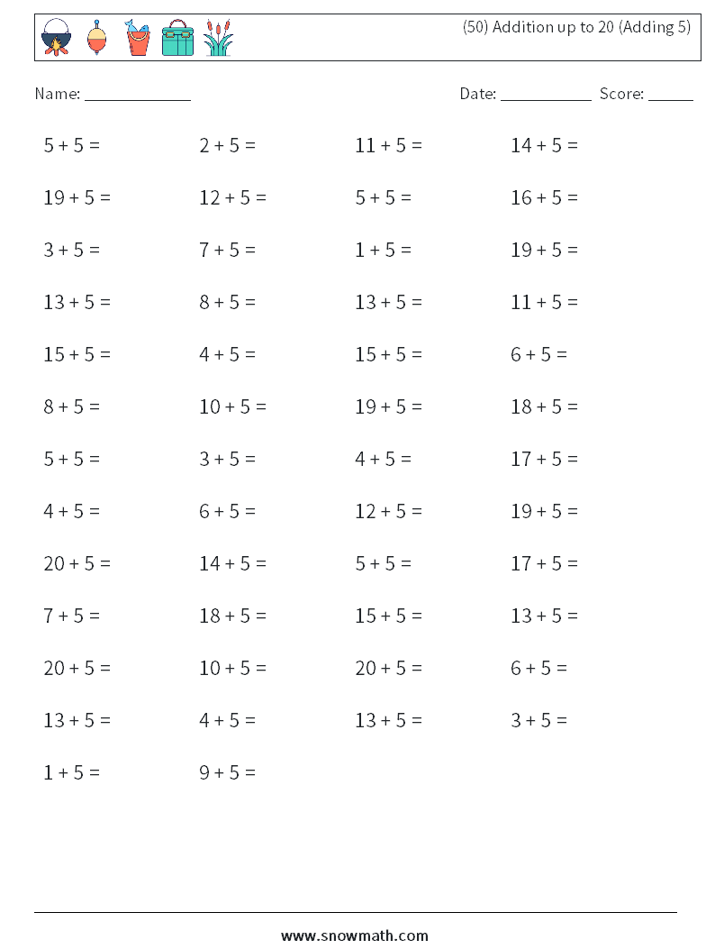 (50) Addition up to 20 (Adding 5) Maths Worksheets 6