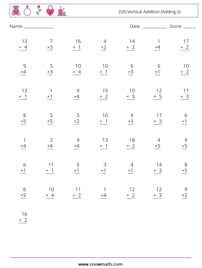 (50) Vertical  Addition (Adding 5) Maths Worksheets 1
