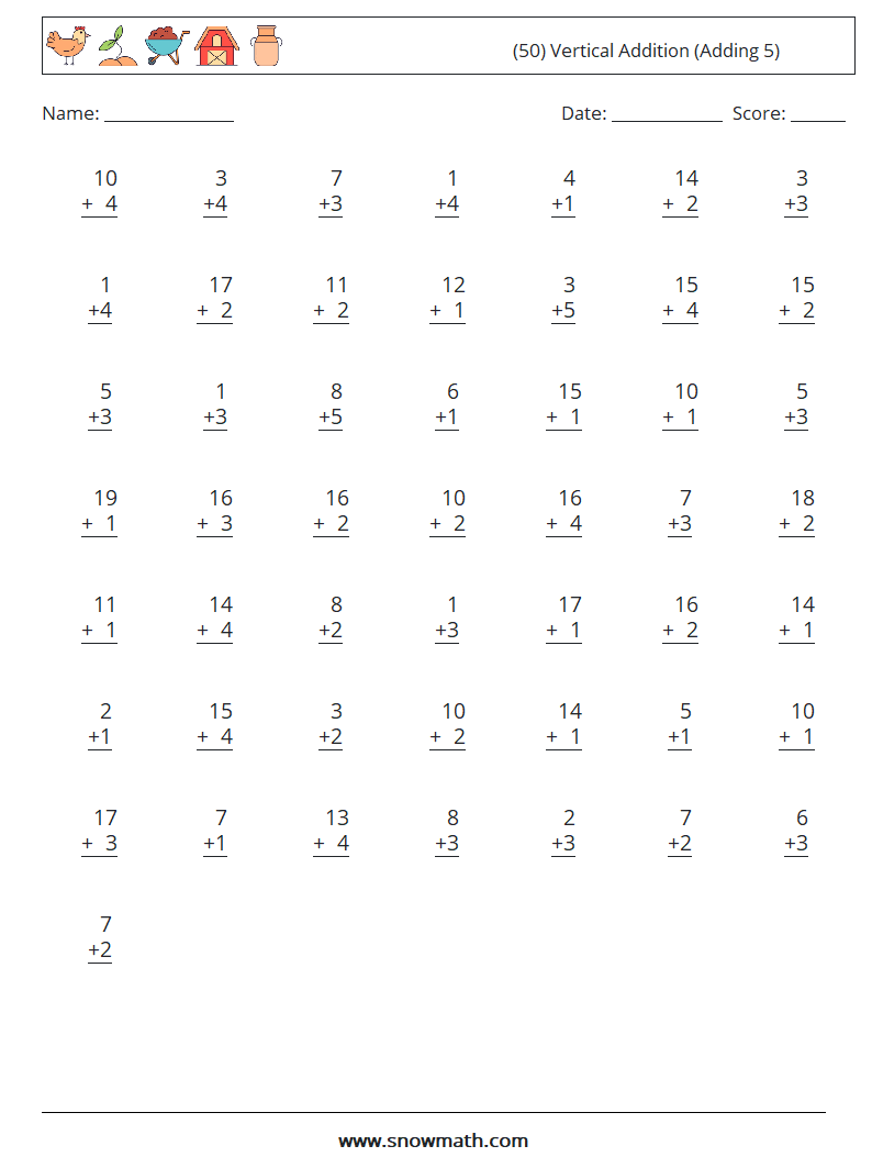 (50) Vertical  Addition (Adding 5) Maths Worksheets 10