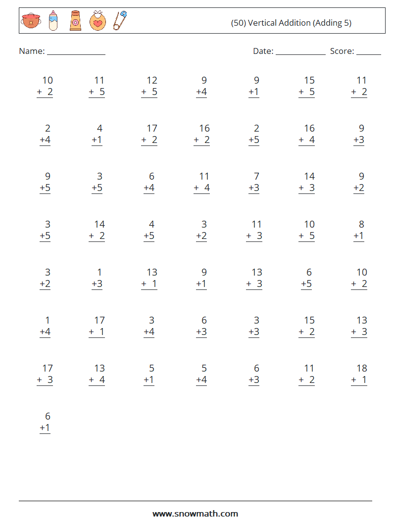 (50) Vertical  Addition (Adding 5) Maths Worksheets 11