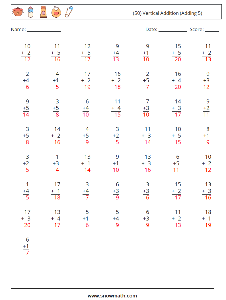 (50) Vertical  Addition (Adding 5) Maths Worksheets 11 Question, Answer