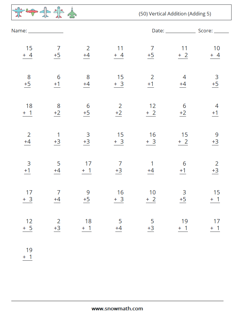 (50) Vertical  Addition (Adding 5) Maths Worksheets 13
