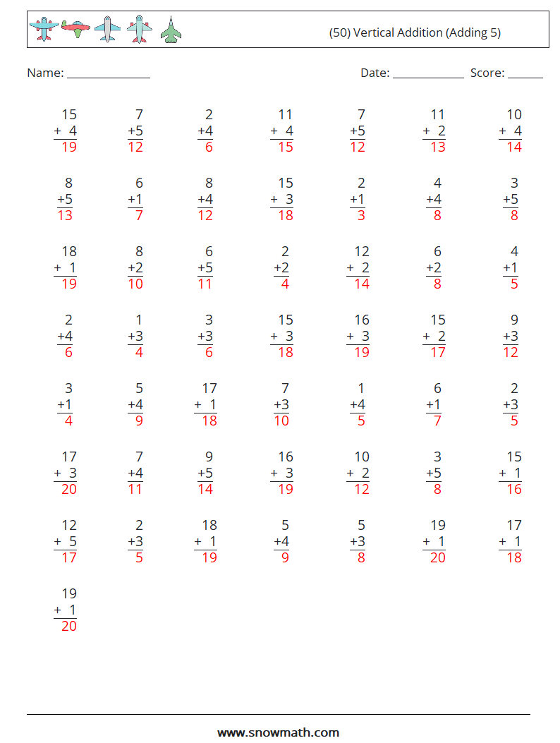 (50) Vertical  Addition (Adding 5) Maths Worksheets 13 Question, Answer