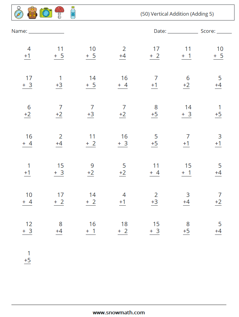 (50) Vertical  Addition (Adding 5) Maths Worksheets 14