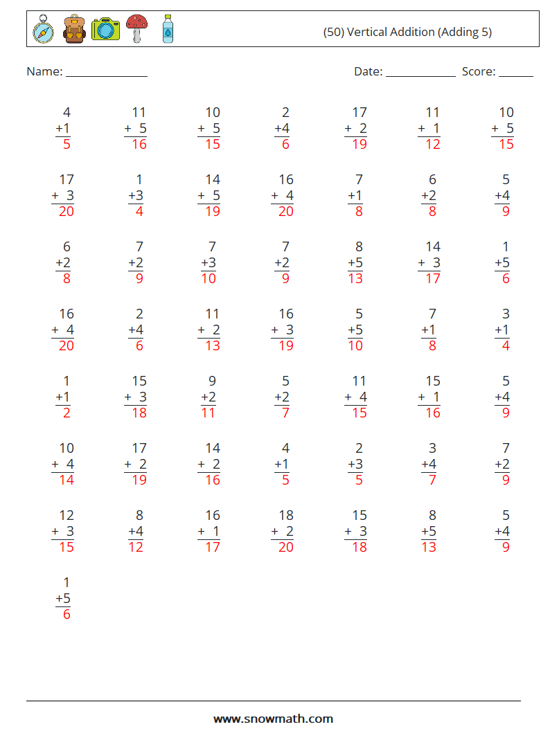 (50) Vertical  Addition (Adding 5) Maths Worksheets 14 Question, Answer