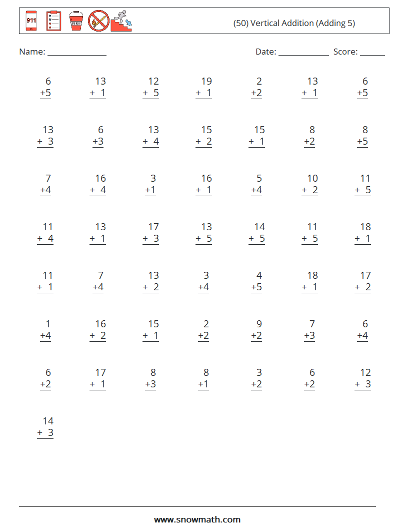 (50) Vertical  Addition (Adding 5) Maths Worksheets 15