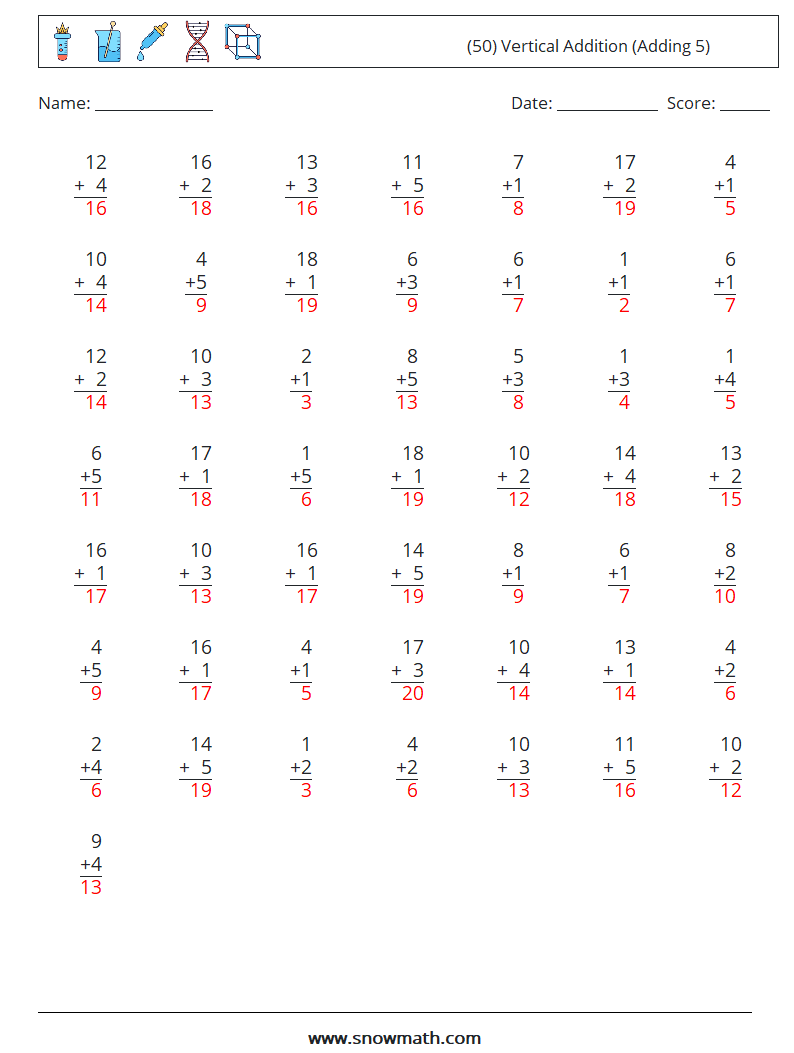 (50) Vertical  Addition (Adding 5) Maths Worksheets 16 Question, Answer