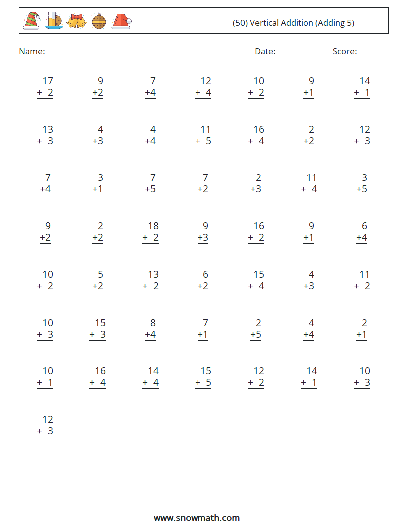 (50) Vertical  Addition (Adding 5) Maths Worksheets 17