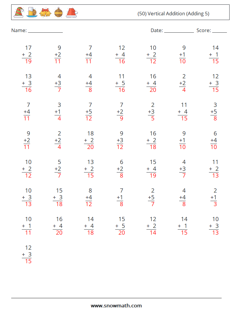 (50) Vertical  Addition (Adding 5) Maths Worksheets 17 Question, Answer