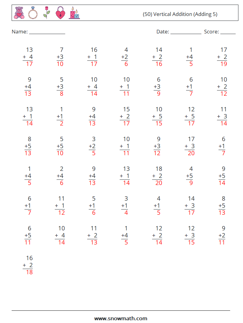 (50) Vertical  Addition (Adding 5) Maths Worksheets 1 Question, Answer