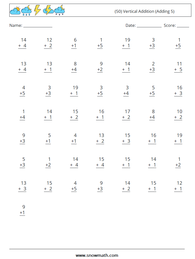 (50) Vertical  Addition (Adding 5) Maths Worksheets 2