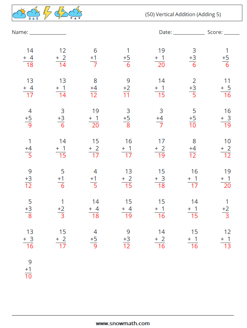 (50) Vertical  Addition (Adding 5) Maths Worksheets 2 Question, Answer