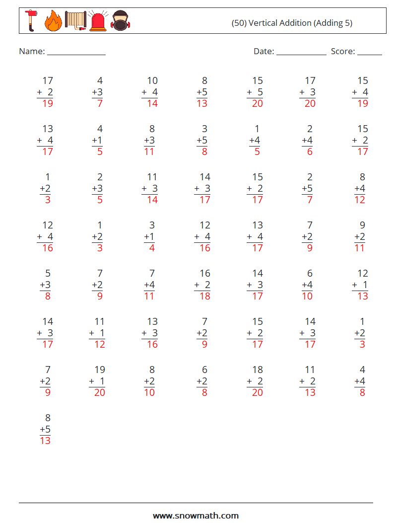 (50) Vertical  Addition (Adding 5) Maths Worksheets 3 Question, Answer