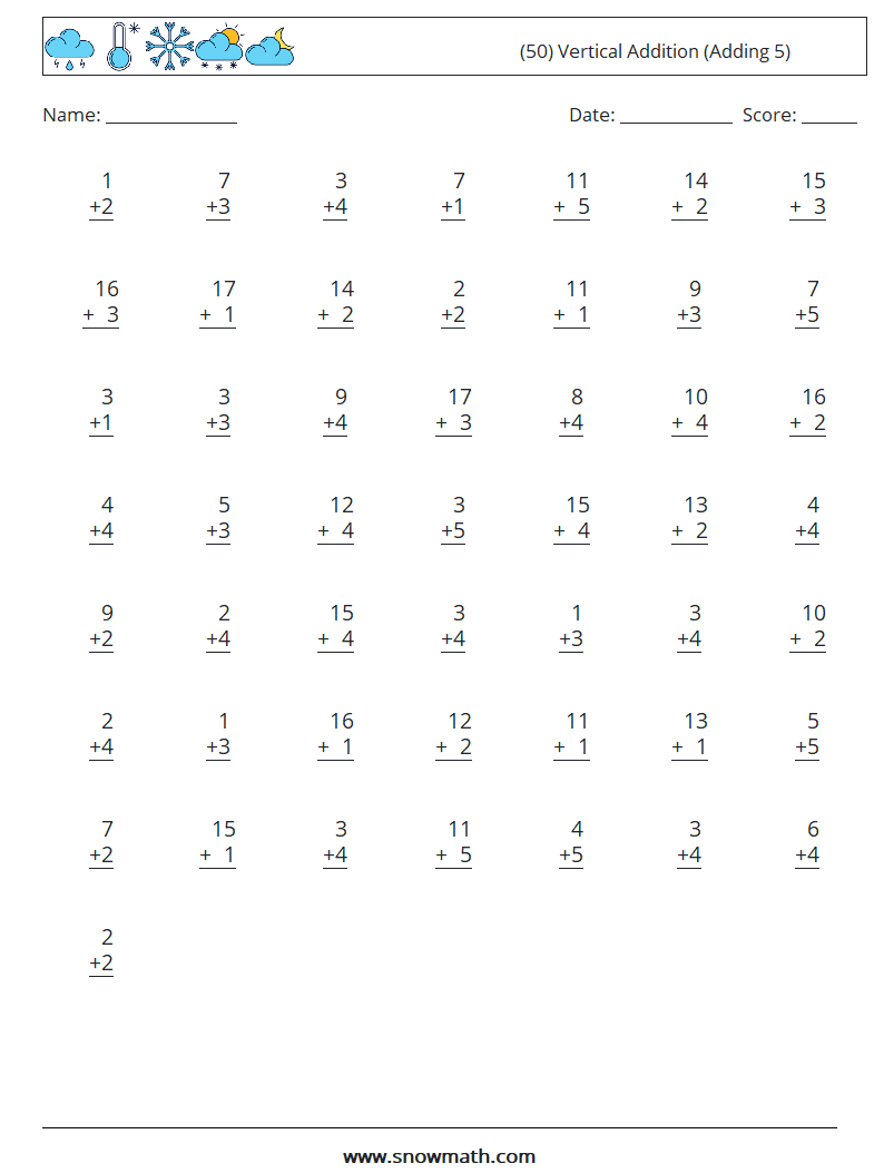 (50) Vertical  Addition (Adding 5) Maths Worksheets 5