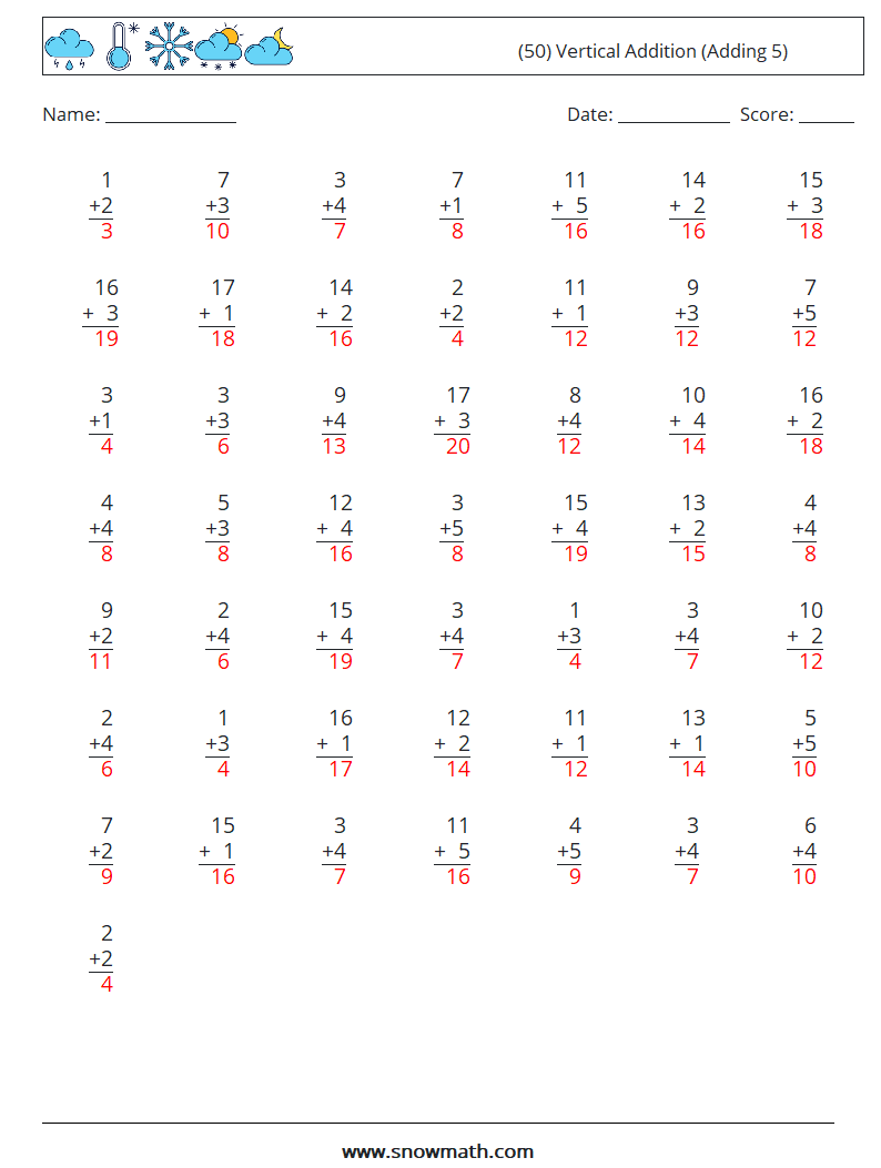 (50) Vertical  Addition (Adding 5) Maths Worksheets 5 Question, Answer