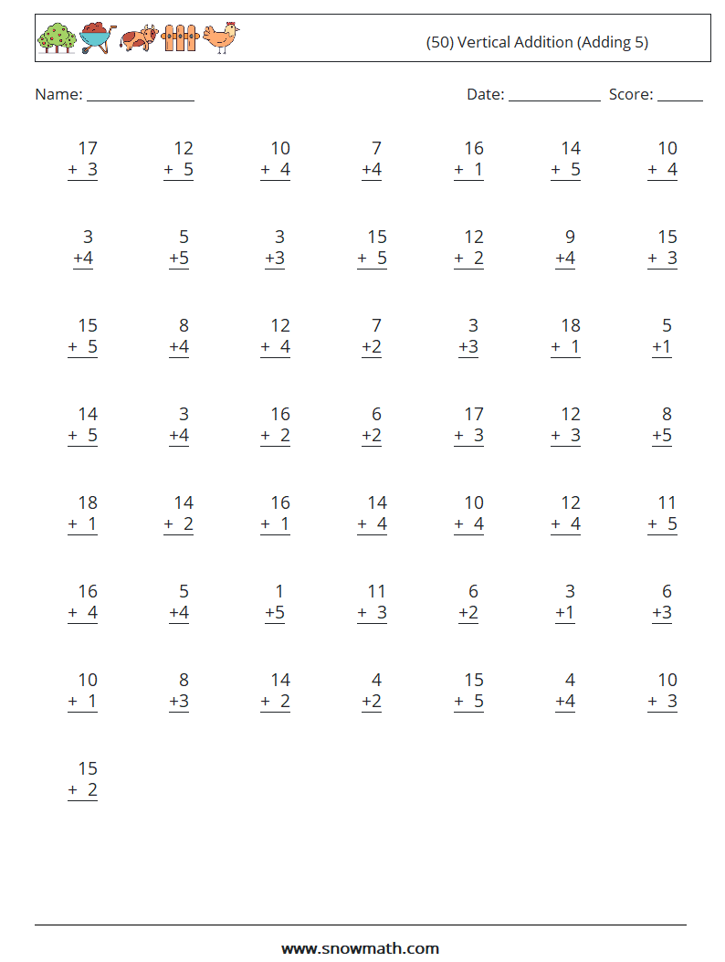 (50) Vertical  Addition (Adding 5) Maths Worksheets 6