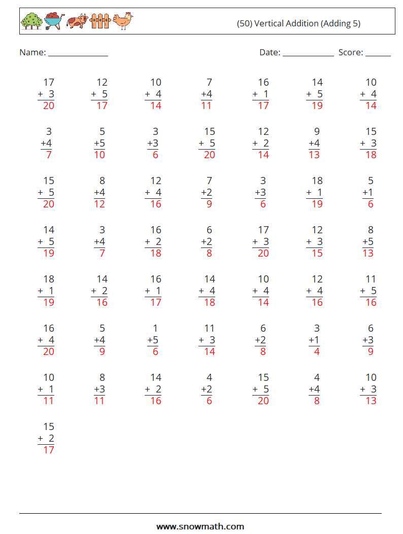 (50) Vertical  Addition (Adding 5) Maths Worksheets 6 Question, Answer