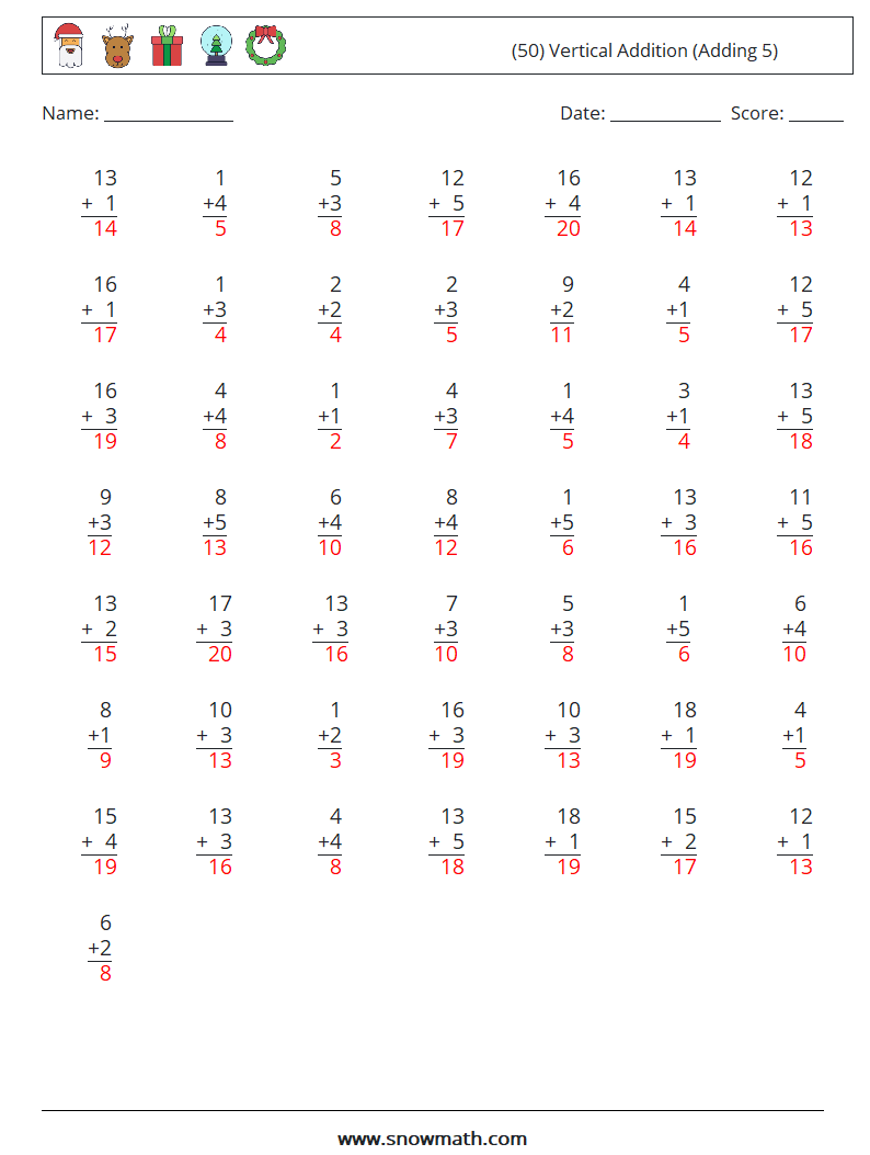 (50) Vertical  Addition (Adding 5) Maths Worksheets 7 Question, Answer