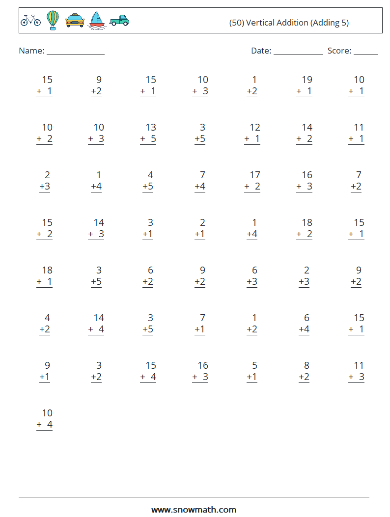 (50) Vertical  Addition (Adding 5) Maths Worksheets 8