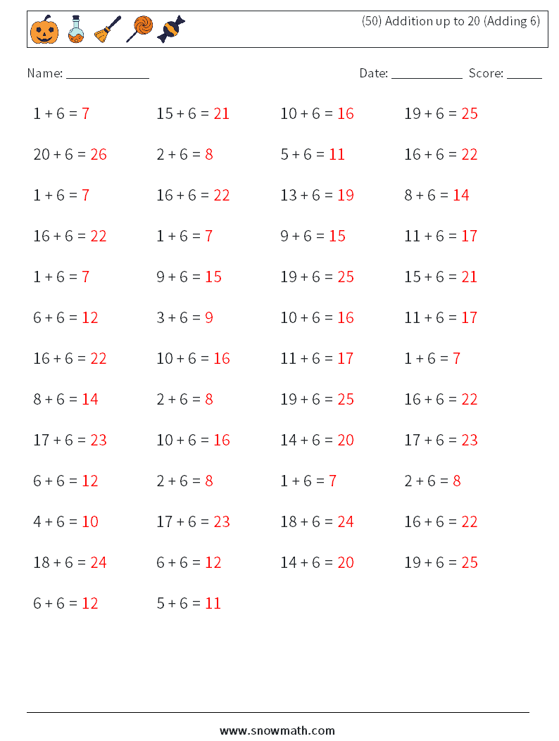 (50) Addition up to 20 (Adding 6) Maths Worksheets 1 Question, Answer