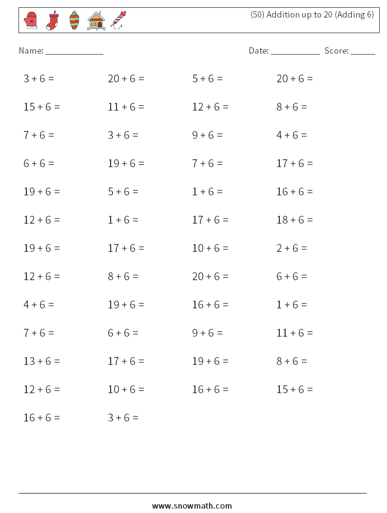 (50) Addition up to 20 (Adding 6) Maths Worksheets 2