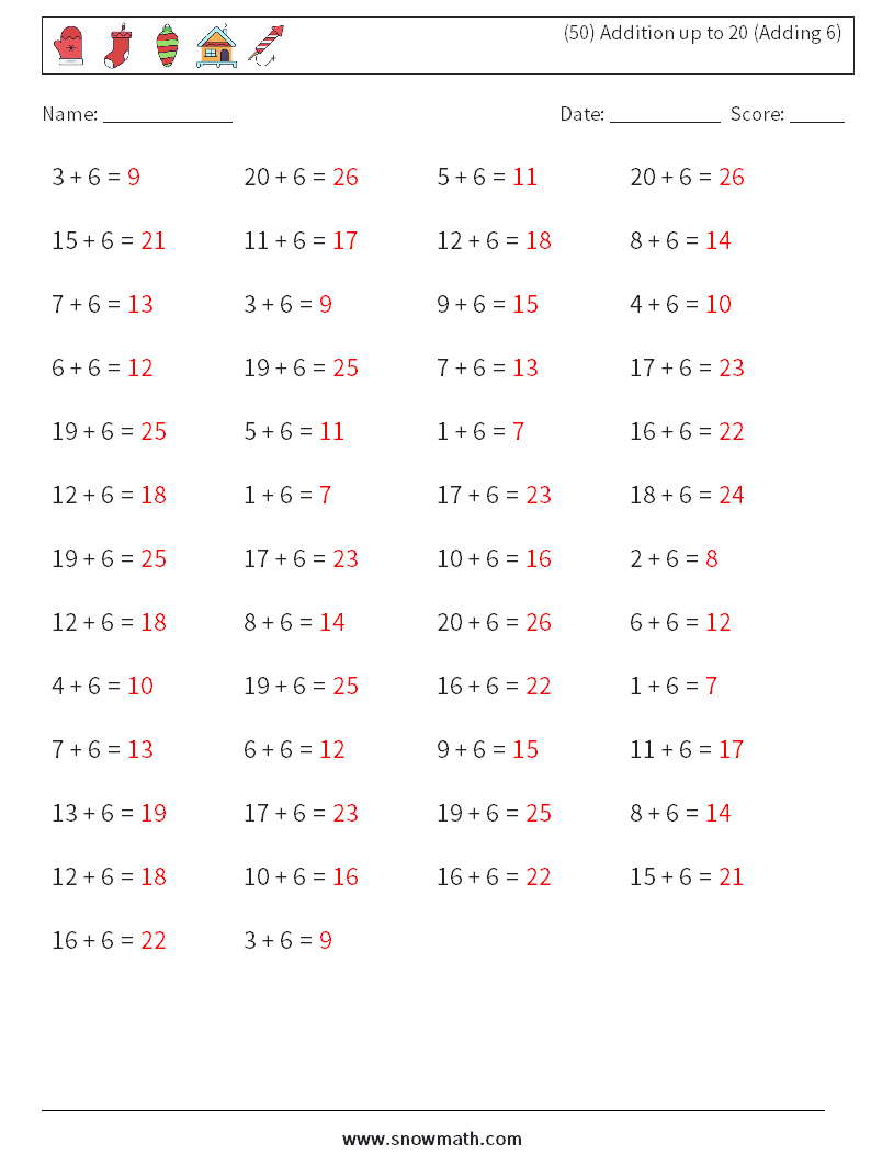 (50) Addition up to 20 (Adding 6) Maths Worksheets 2 Question, Answer